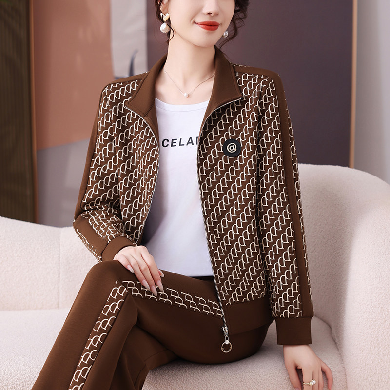 品牌妈妈春装运动服套装2025新款中老年女春秋外套休闲内搭三件套