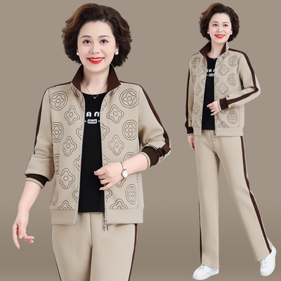 中年妈妈春装运动服套装女洋气2025新款中老年春秋外套休闲三件套