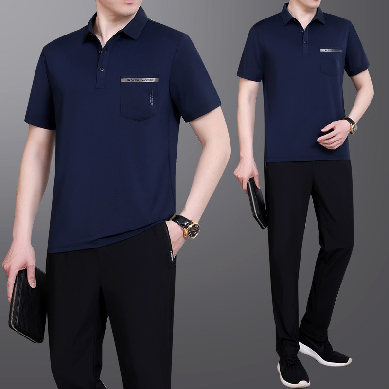 中老年运动套装男2025夏季新款短袖t恤长裤爸爸冰丝棉宽松休闲服