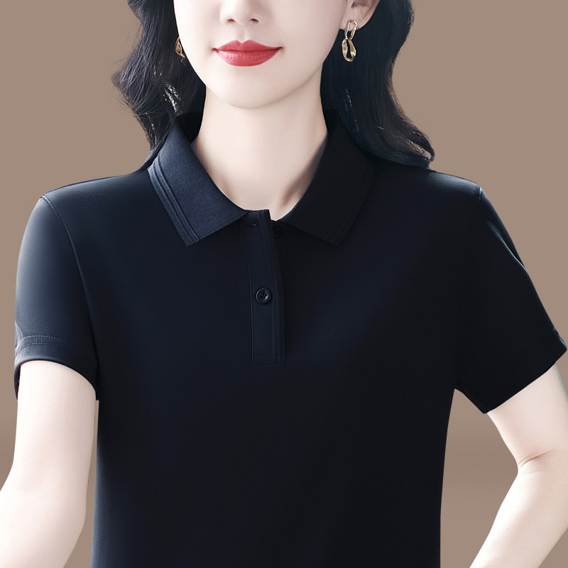 中年女士t恤短袖2025新款大码宽松妈妈翻领休闲风运动polo衫