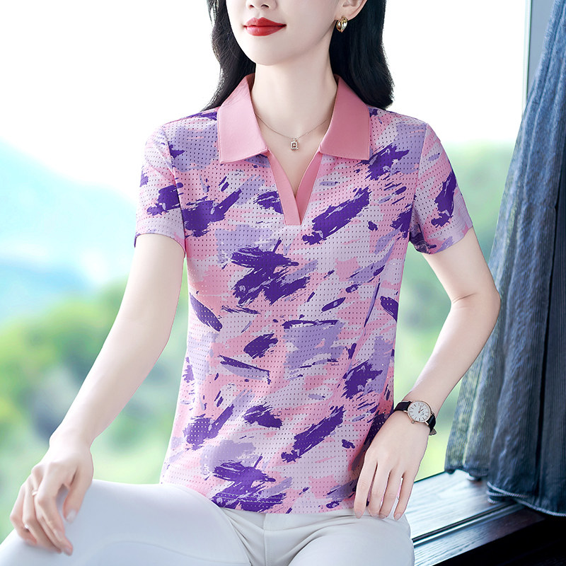 女士冰丝短袖t恤2026新款印花中年妈妈凉感速干带领半袖体恤上衣