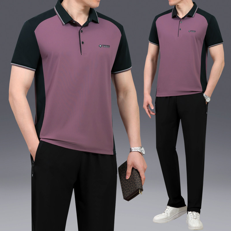 2025夏季新款中年男士爸爸父亲装冰丝短袖t恤短裤跑步运动服套装