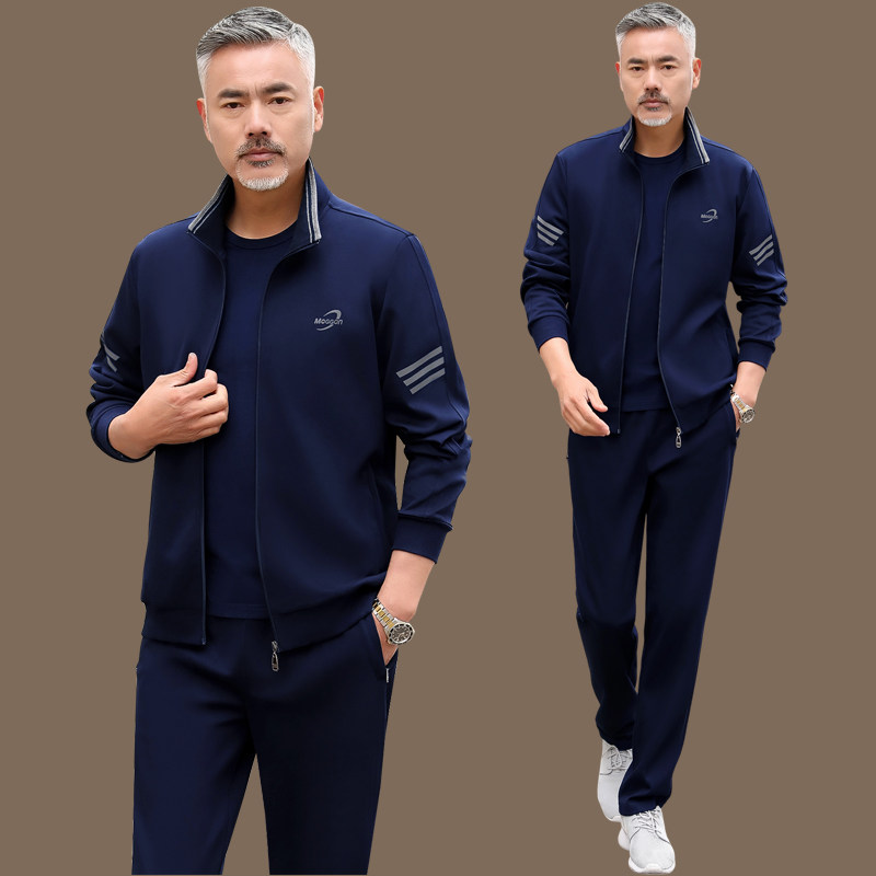 高端中老年运动套装男春秋冬季中年人爸爸装休闲运动服男士三件套