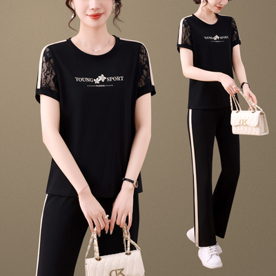中年妇女洋气运动服套装夏季中老年圆领短袖T恤休闲两件套妈妈装