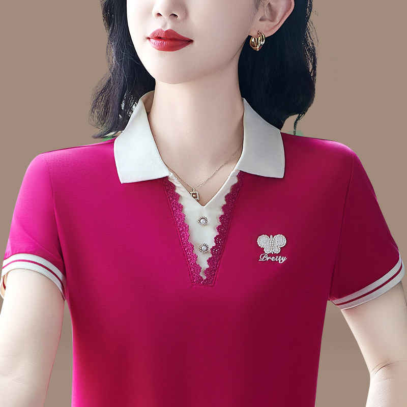 翻领短袖t恤女士夏季纯棉刺绣上衣2026新款中年妈妈夏装显瘦体恤