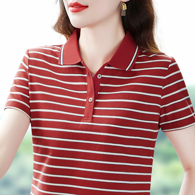 纯棉polo衫条纹短袖t恤女夏季2025新款翻领大码休闲有领女士上衣