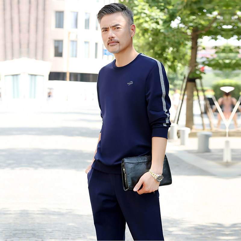 中老年运动服套装男士春秋季爸爸长袖圆领套头中年休闲春装两件套