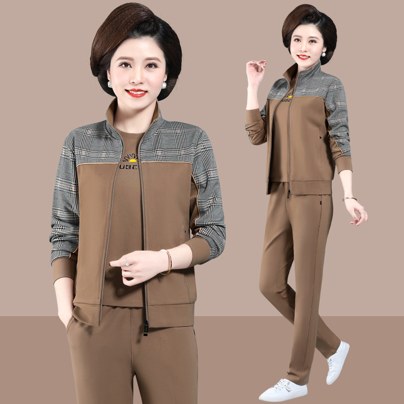 中年妈妈春装外套时尚洋气大码格子上衣卫衣中老年运动套装女春秋