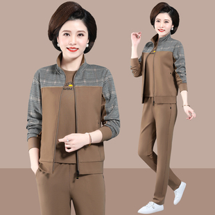 中年妈妈春装外套时尚洋气大码格子上衣卫衣中老年运动套装女春秋