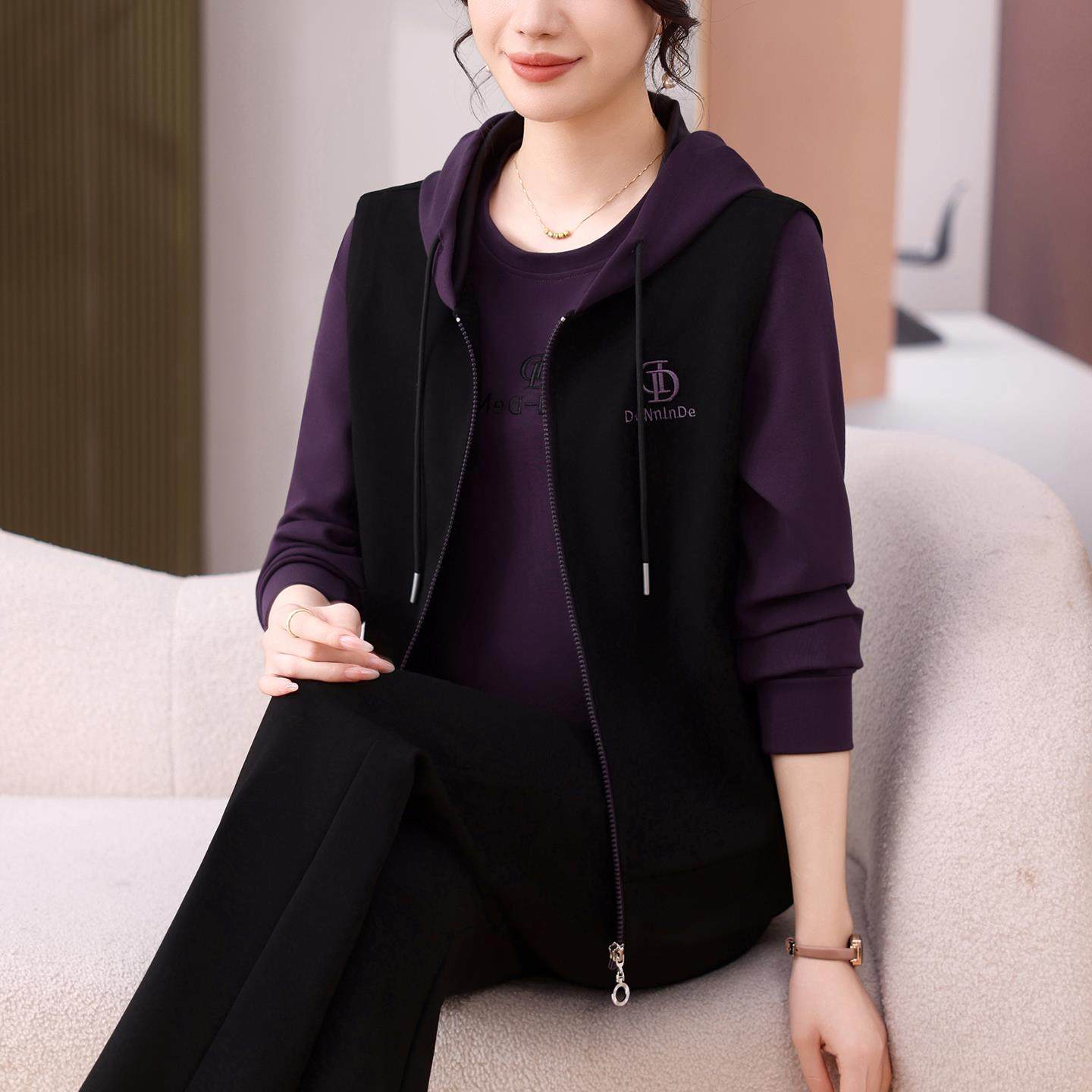 妈妈春秋装连帽马甲外套女三件套