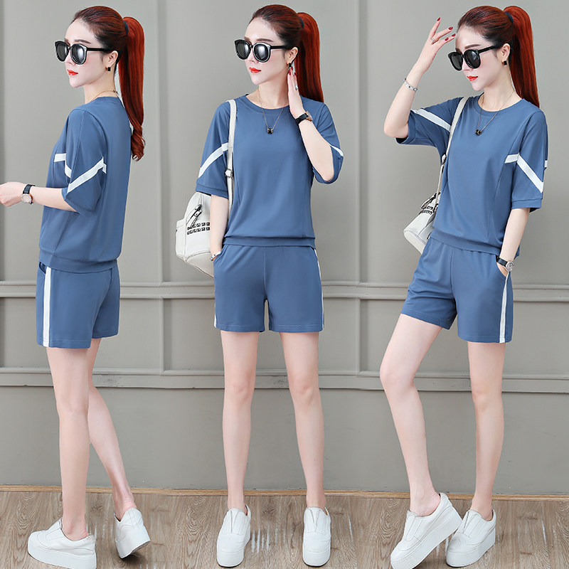 夏季女士运动套装2025新款时尚宽松冰丝短袖短裤跑步休闲服两件套