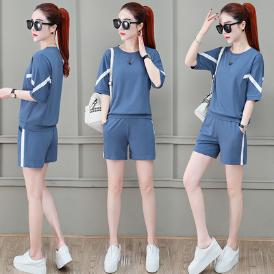 夏季女士运动套装2025新款时尚宽松冰丝短袖短裤跑步休闲服两件套