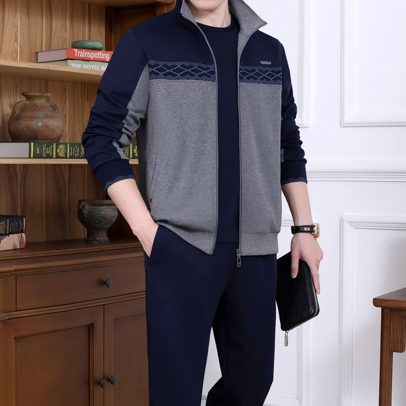 男士休闲运动套装春秋中老年运动服爸爸运动套装卫衣两三件套男装