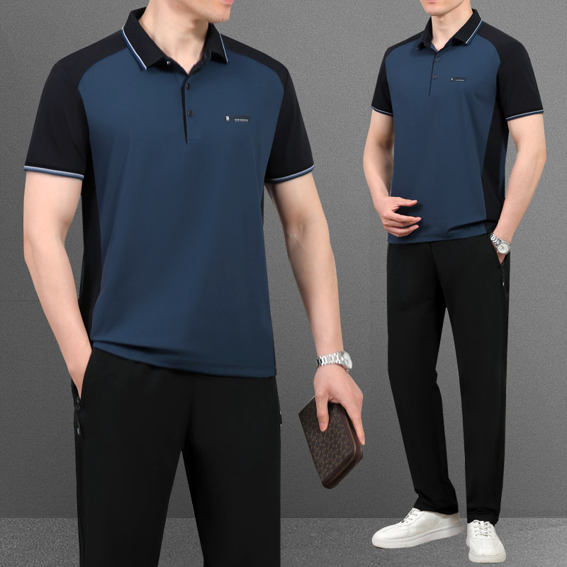 中年男士冰丝休闲运动套装爸爸夏装短袖t恤中老年人爷爷夏季衣服