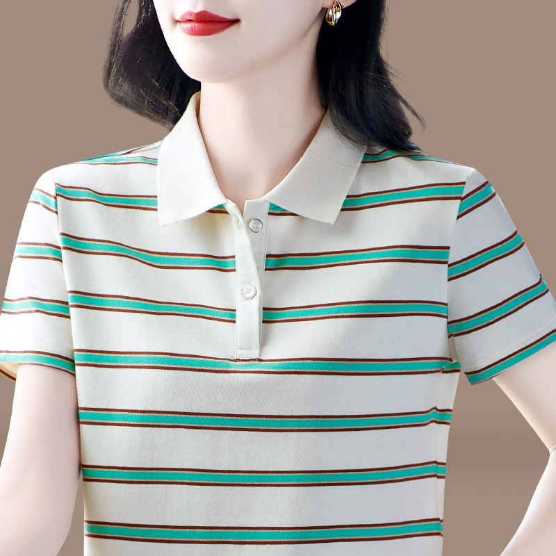 纯棉夏季翻领条纹polo衫t恤女士短袖2025新款气质妈妈短款上衣服