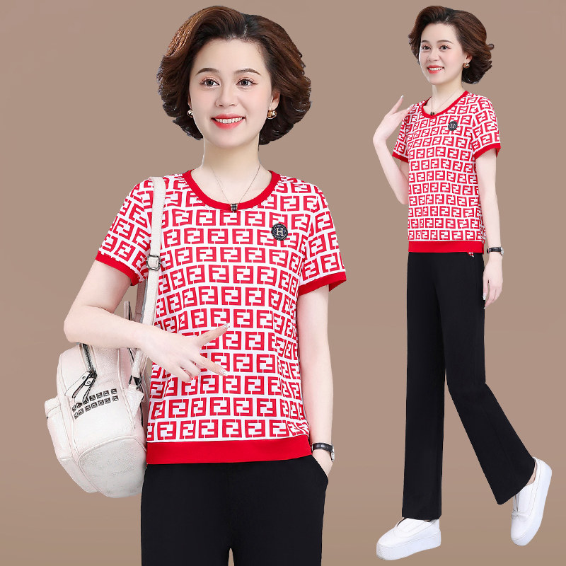 中年妈妈休闲运动套装女洋气时尚夏季冰丝短袖跑步晨跑服两件套薄