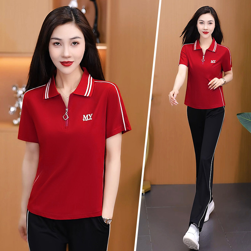 品牌妈妈运动套装夏洋气中年女夏装短袖T恤中老年人polo衫两件套