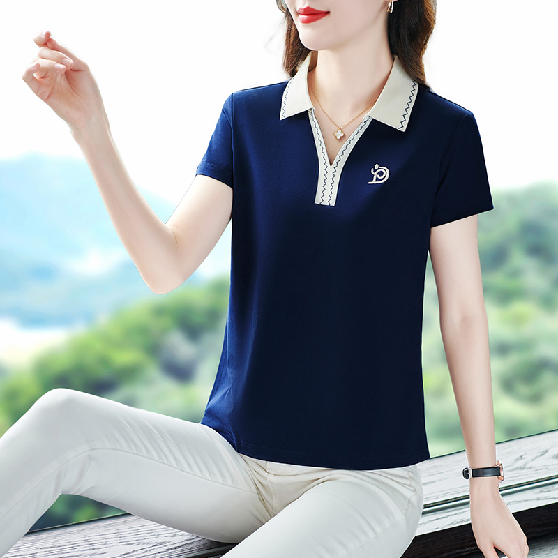 纯棉女t恤短袖2025新款洋气质中年妈妈夏季翻领上衣服宽松polo衫