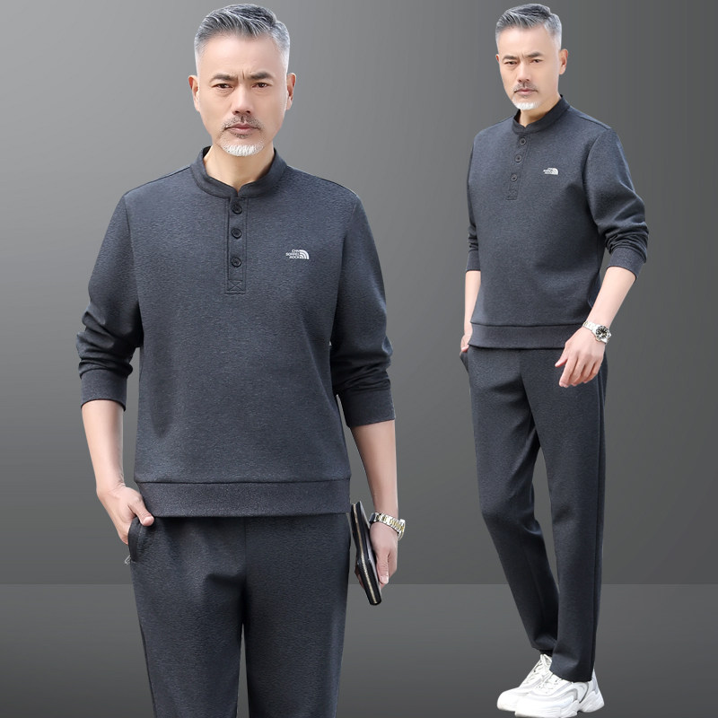 中年爸爸运动服套装男春秋季中老年人套头立领父亲休闲卫衣两件套