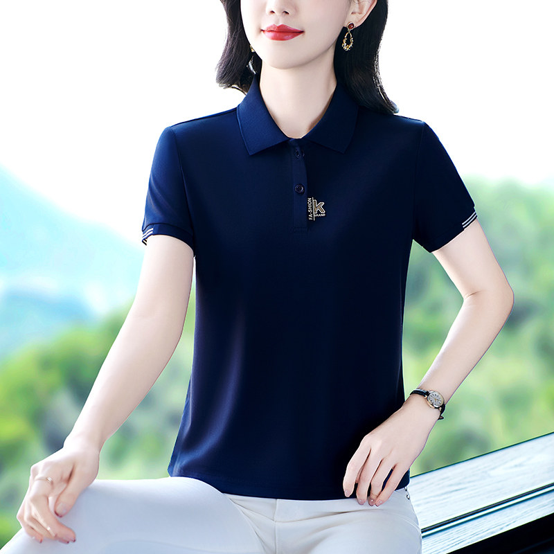 纯色短袖t恤女冰丝气质显瘦妈妈夏装休闲上衣翻领polo衫中年体恤