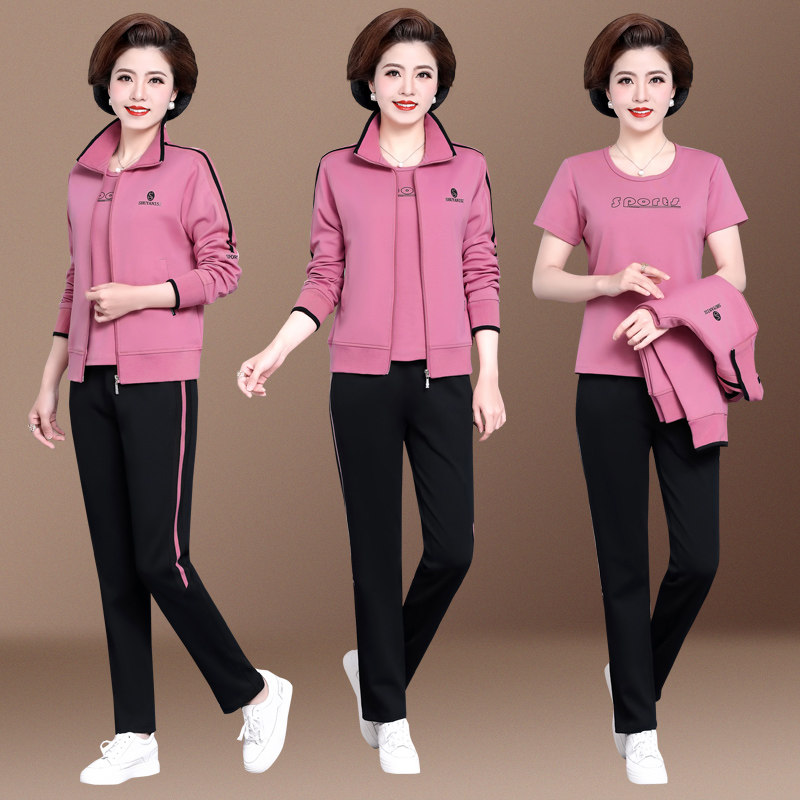 妈妈春装外套洋气上衣服中年妇女休闲三件套中老年春秋运动服套装