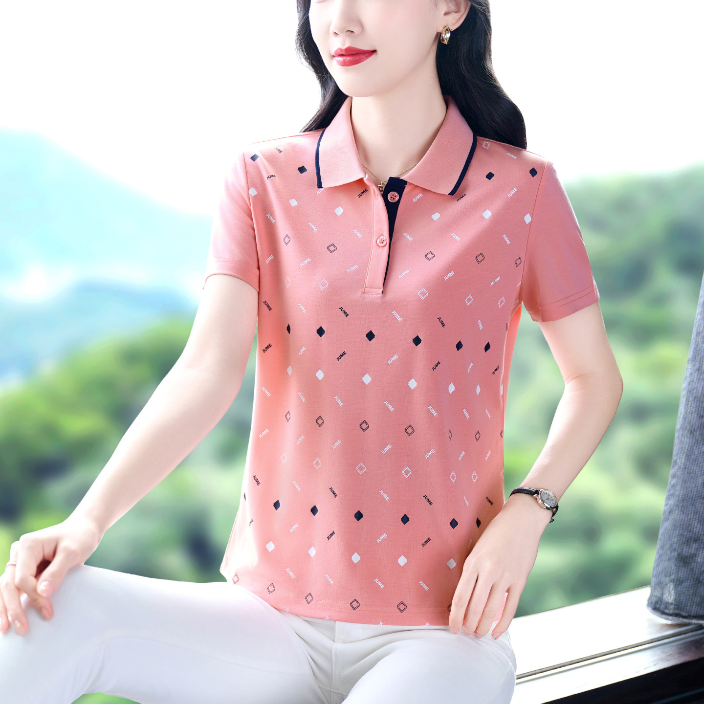 高端翻领短袖t恤女夏时尚妈妈polo衫宽松大码休闲上衣印花
