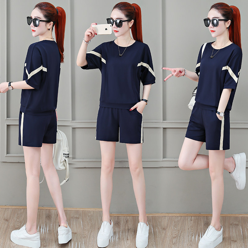 运动服套装女夏季高端洋气时尚圆领冰丝短袖休闲服跑步短裤两件套