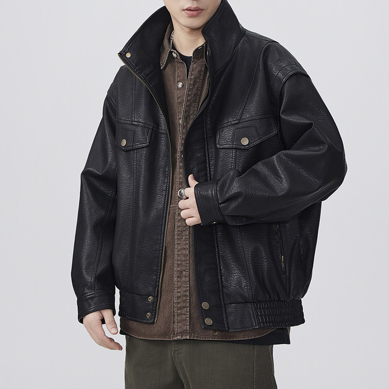美式潮牌复古机车皮衣男外套高街痞帅大学生高级感潮流飞行员夹克