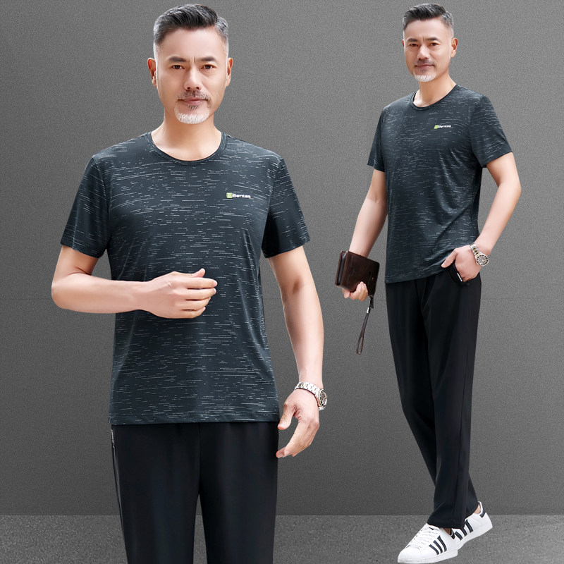 中老年运动套装男士夏季爸爸装宽松短袖t恤短裤爷爷薄款冰丝衣服