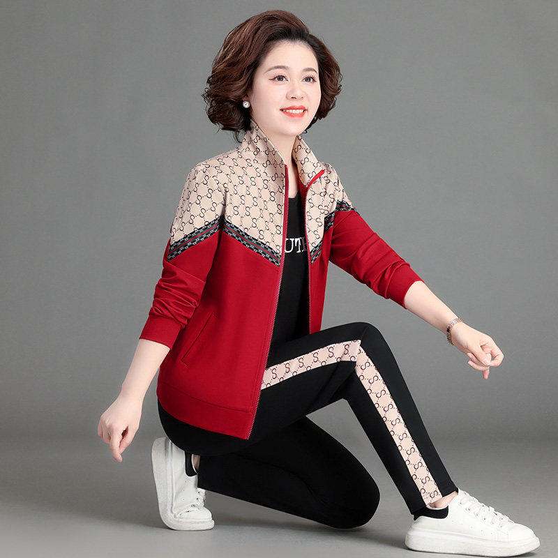 中年妈妈春装外套洋气拼接大码三件套中老年休闲运动服套装女春秋