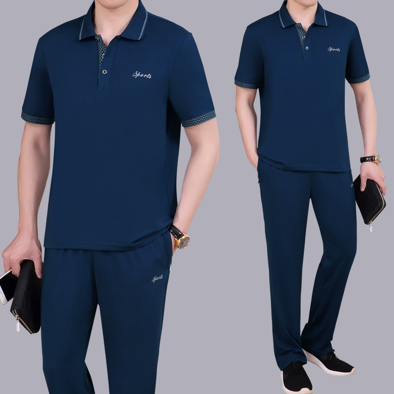 夏天季中老年男士爸爸装棉短袖长裤加大码商务休闲跑步运动服套装