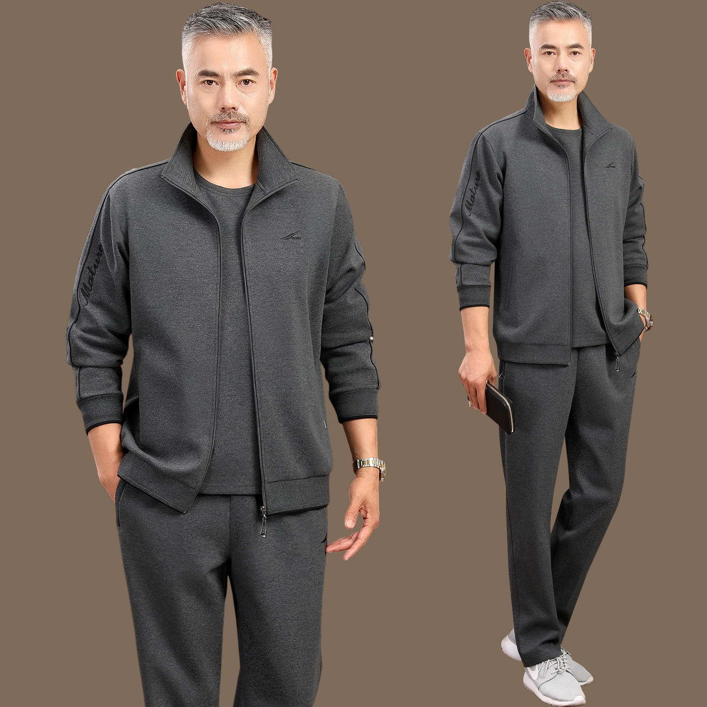 高档运动套装男秋季爸爸装休闲卫衣三件套中老年运动服套装男秋冬