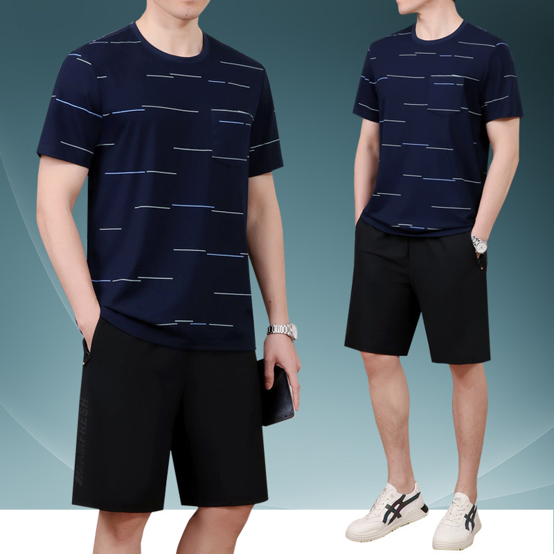 爸爸夏装冰丝套装中年男士短袖t恤中老年男装休闲运动衣服男夏季