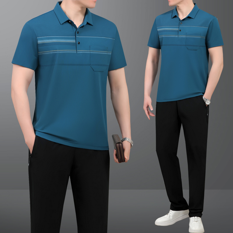 中老年运动套装男夏季冰丝短袖polo衫短裤父亲节衣服中年爸爸夏装