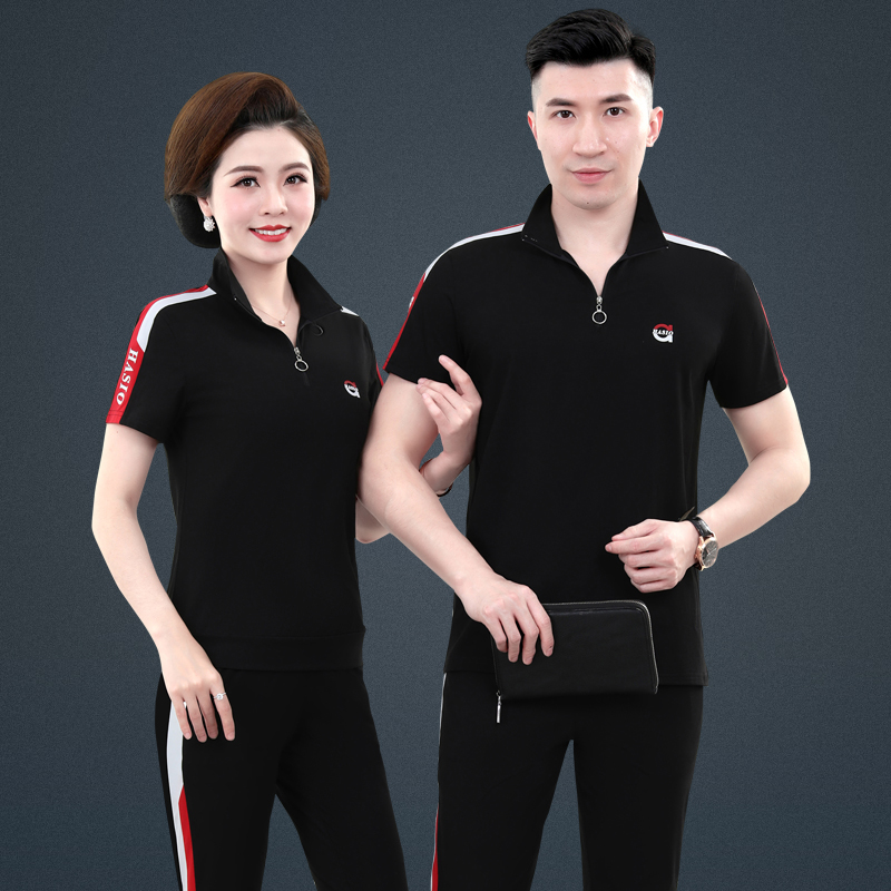 中年情侣夏装运动套装爸爸妈妈短袖休闲两件套中老年男女跑步服夏