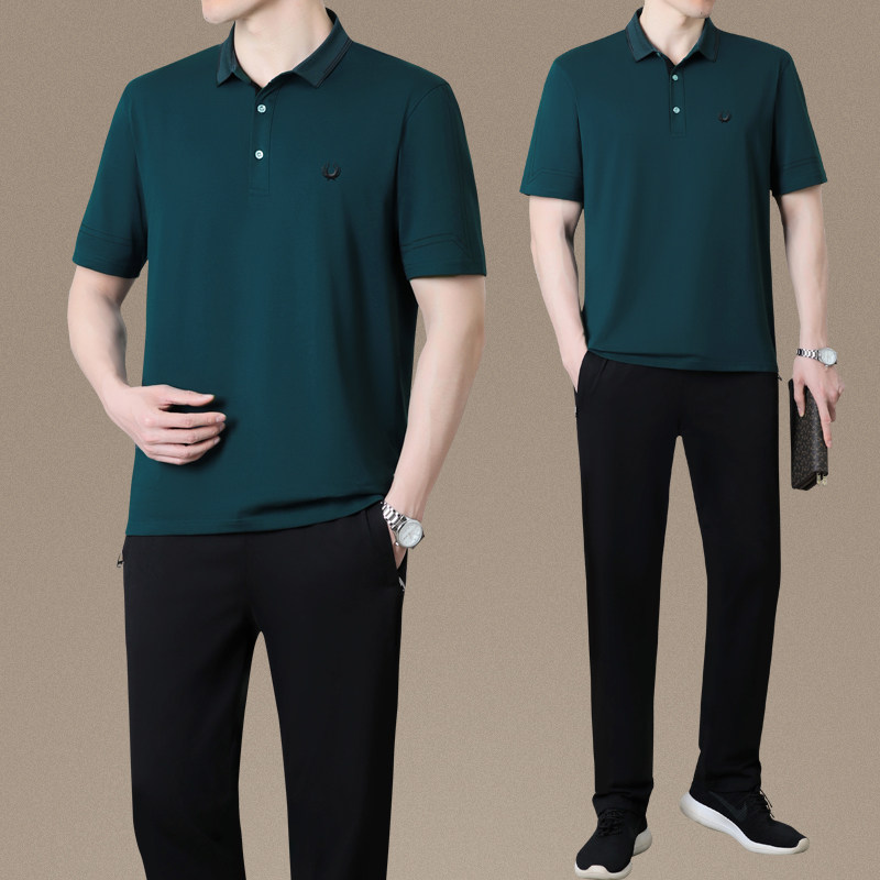 父亲节衣服爸爸夏季商务休闲套装2024新款中年男士纯色POLO衫短袖