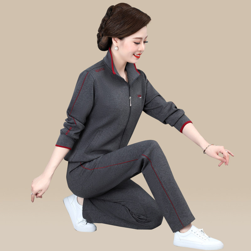 妈妈春装运动服套装洋气大码中年妇女三件套中老年人春秋休闲外套