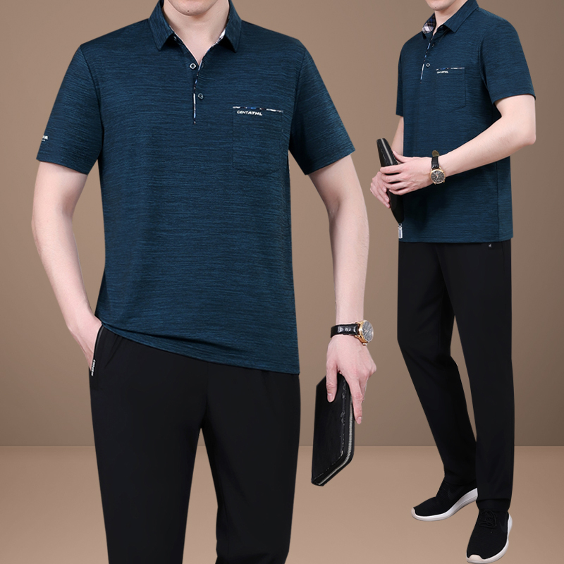 中老年男士翻领短袖t恤运动套装
