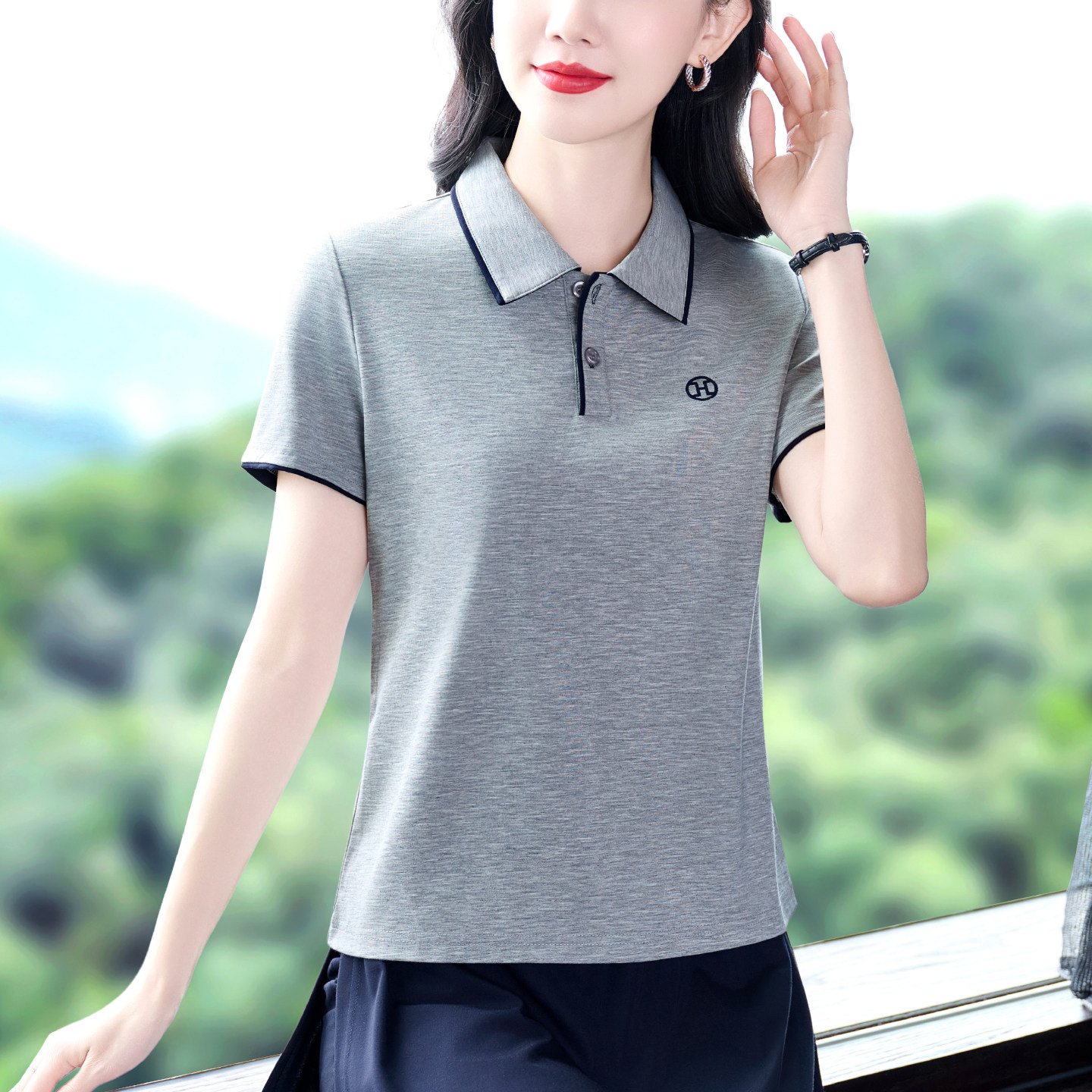 品牌纯色休闲短袖T恤女2026夏季新款POLO衫显瘦减龄上衣定制印字