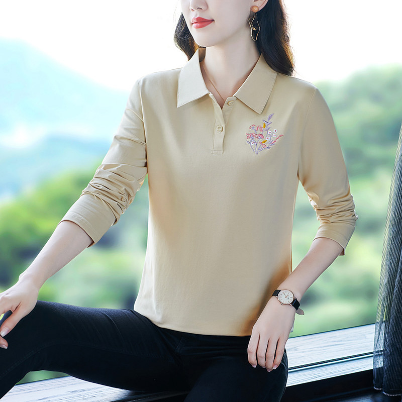 纯棉长袖t恤女早秋2025新款气质减龄妈妈polo衫刺绣百搭秋装上衣