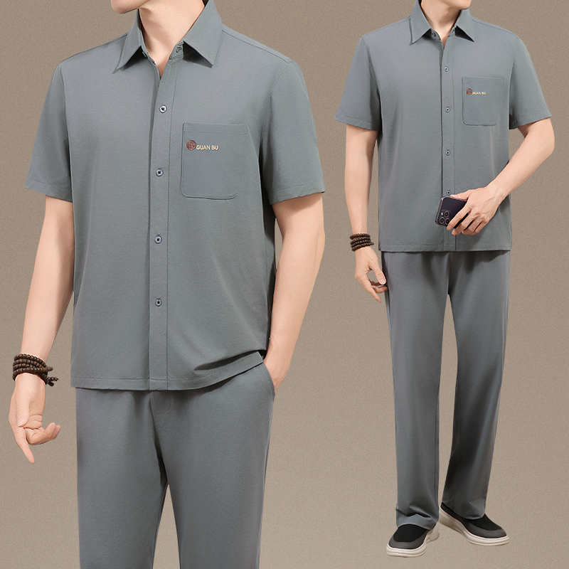 2025新款中老年男士短袖开衫t恤夏季休闲服套装爸爸大码宽松夏装