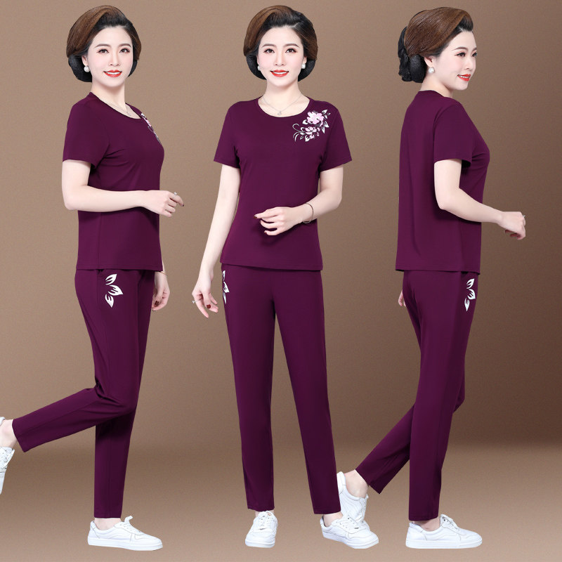 圆领运动套装女夏季2025新款时尚宽松洋气女士短袖长裤休闲两件套