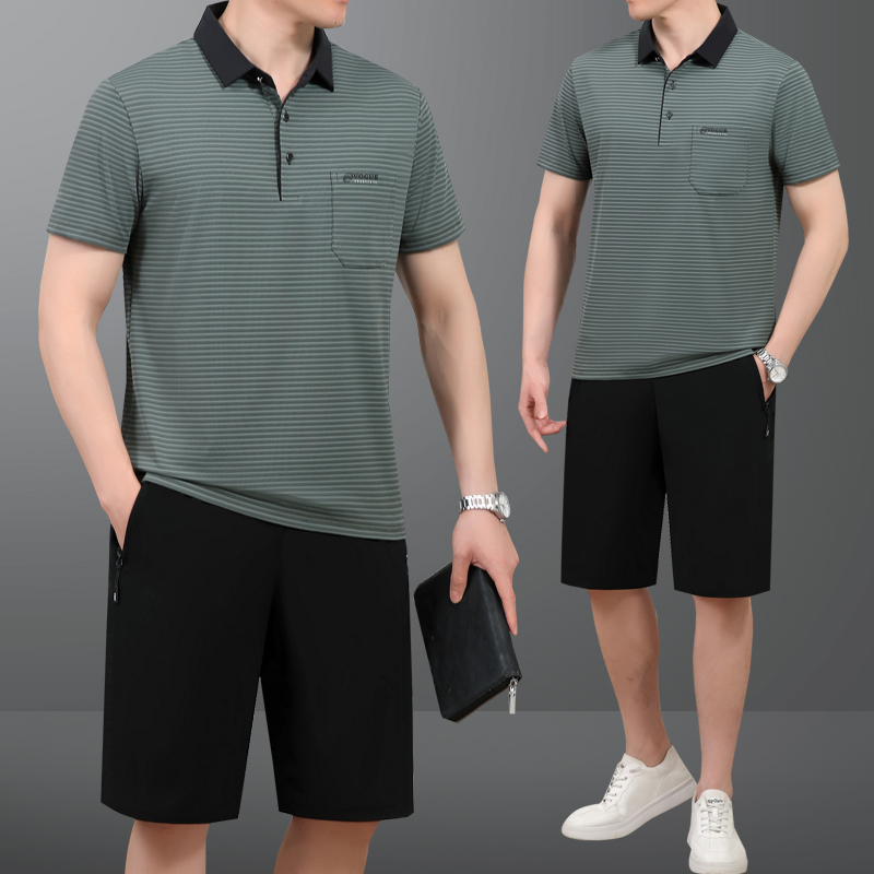 高档爸爸套装夏季薄款短袖弹力中年男装冰丝衣服休闲运动两件套
