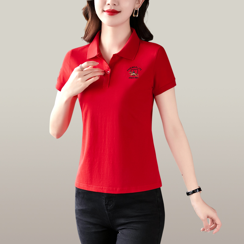 时尚百搭短袖t恤女翻领夏中年妈妈有领上衣带领子运动polo衫薄款