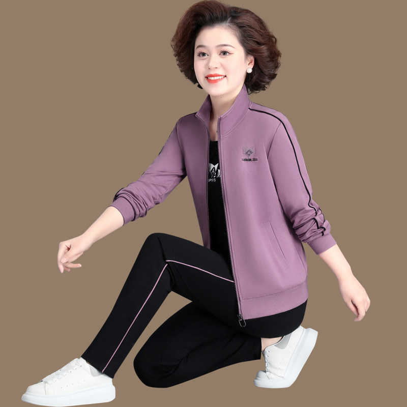 中年妈妈运动服套装女装春秋装洋气上衣中老年女装春秋外套三件套