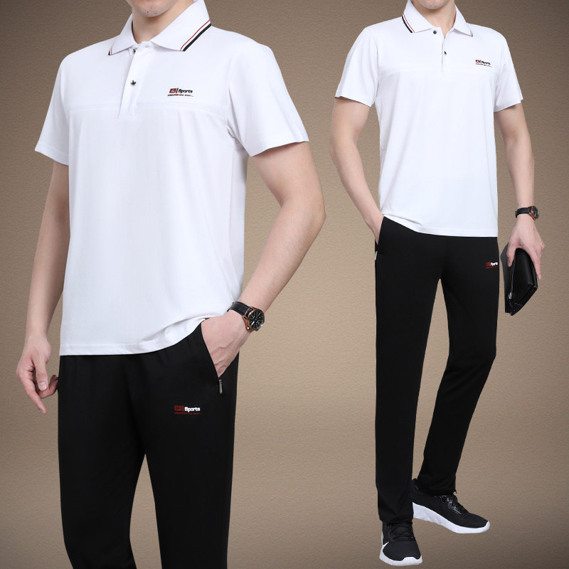 夏天季中老年男士爸爸装棉短袖长裤加大码商务休闲跑步运动服套装