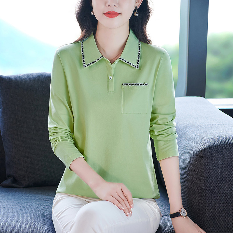 长袖t恤女2025新款春季纯棉polo衫妈妈宽松内搭上衣服春秋打底衫
