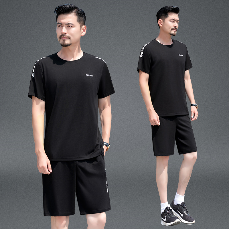 运动套装男夏季短袖短裤跑步休闲运动服薄款圆领中年爸爸夏装套装