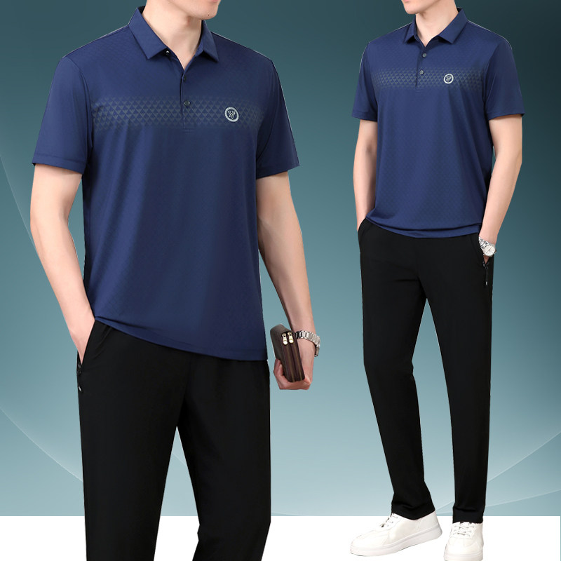 中老年人休闲运动套装男夏季冰丝短袖长裤爸爸夏装两件套爷爷衣服