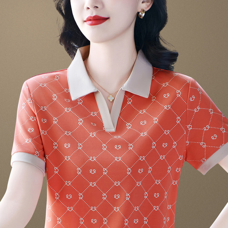 短袖POLO衫女夏装2025年新款经典花色翻领t恤大码女装凉感上衣服